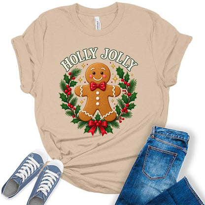 GyftWear Holly Jolly Gingerbread Man Christmas Women's Graphic Tee Shirt