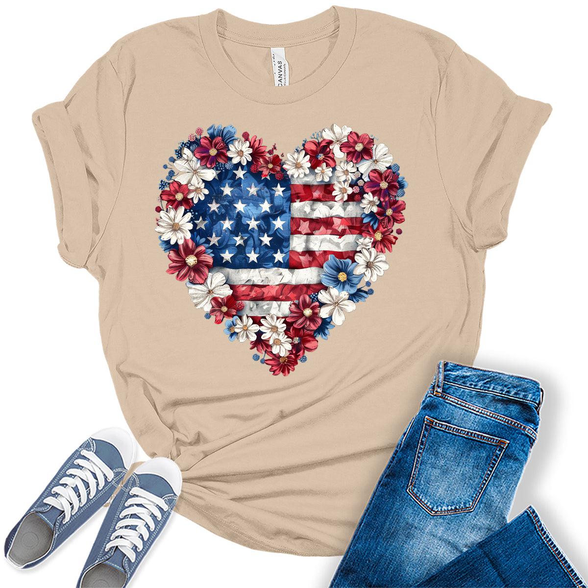 Womens 4th of July Shirt Flower Heart USA Short Sleeve Graphic Tees