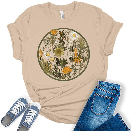 Women's Floral Shirts Wildflower Vintage Flower Graphic Tees Spring Cottagecore T Shirts Bella Summer Tops