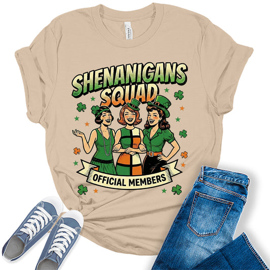 Women's St. Patrick's Day Shirts Cute Shenanigans Squad Graphic Tees Bella Plus Sized Tops