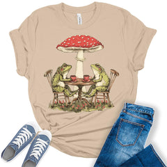 Cottagecore Shirt Frogs Having Tea Mushroom T Shirt Aesthetic Graphic Tees for Women