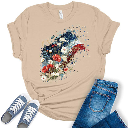 4th of July Shirts For Women Patriotic Graphic Tees Floral Flag Bella Plus Sized Tops
