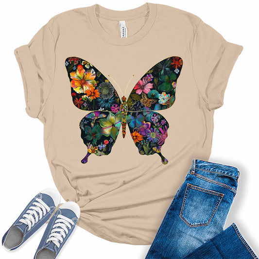 Women's Wildflower Summer Flowers Butterfly Shape Graphic Tees