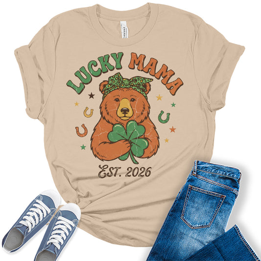 Women's St. Patrick's Day Shirts Cute Lucky Mama Est 2026 Graphic Tees Bella Plus Sized Tops