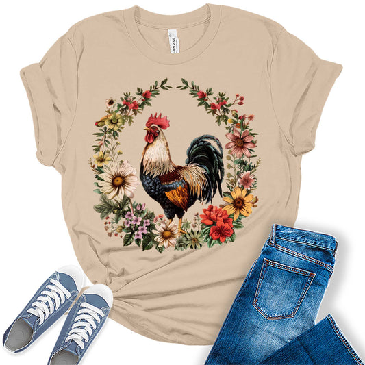 Floral Frame Rooster Cottagecore Shirt Farmhouse Animal Graphic Tees For Women