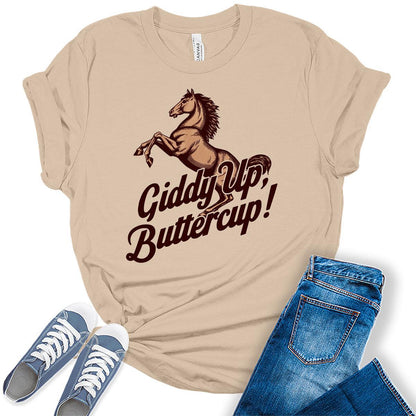 Western Outfit For Women Cowgirl Shirts Rodeo Giddy Up Buttercup Graphic Tees Bella Plus Sized Tops