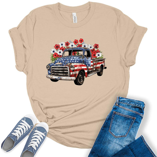 Vintage Truck Patriotic American Flag Graphic Tees for Women