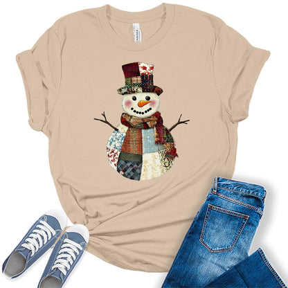 Women's Patch Work Snowman Christmas Graphic Tees