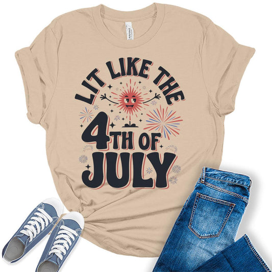 Lit Like The 4th of July Shirts For Women Patriotic Graphic Tees Bella Plus Sized Tops