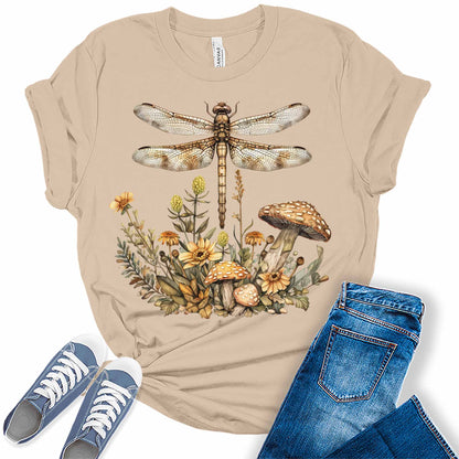 Dragonfly Shirt for Women Mushroom T Shirt Vintage Cottagecore Plus Size Graphic Tees