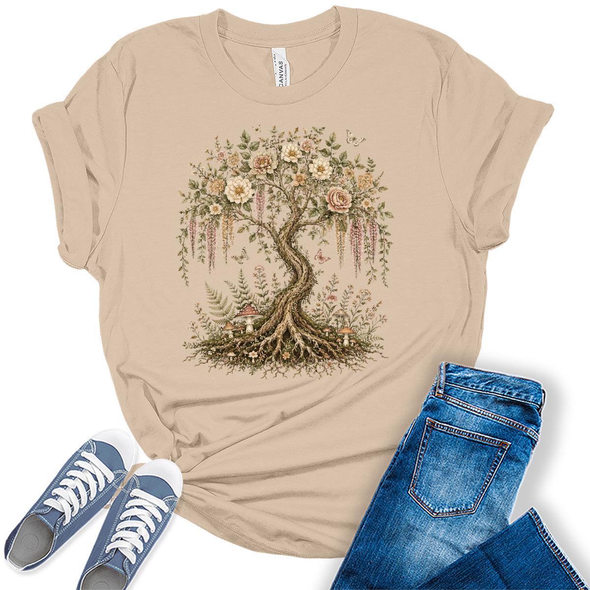 Women's Tree Of Life Shirts Floral Trendy Wildflower Vintage Graphic Tees Short Sleeve Bella Summer Tops