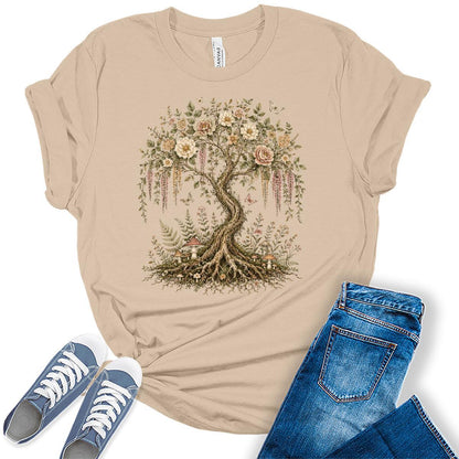 Women's Tree Of Life Shirts Floral Trendy Wildflower Vintage Graphic Tees Short Sleeve Bella Summer Tops