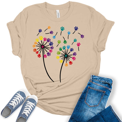 Women's Dandelion Graphic T-Shirts Loose Fit Cute Flower Paw Print Casual Tee Tops