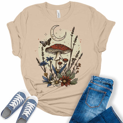 Mushroom Shirt Trendy Cottagecore Moon T Shirt Vintage Floral Butterfly Graphic Tees for Women