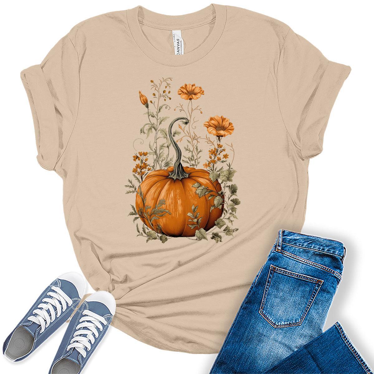 Pumpkin Floral Shirts Women's Graphic Tees Vintage Boho T Shirts Bella Fall Tops