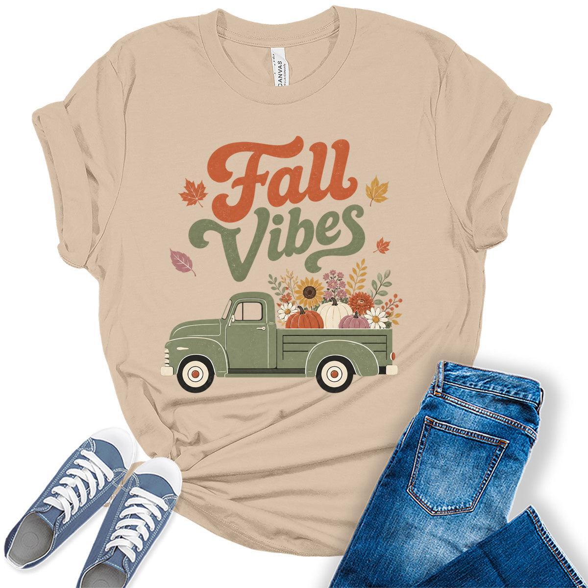 Womens Fall Vibes Pumpkin Truck Shirt - Retro Autumn Graphic Tee Cute