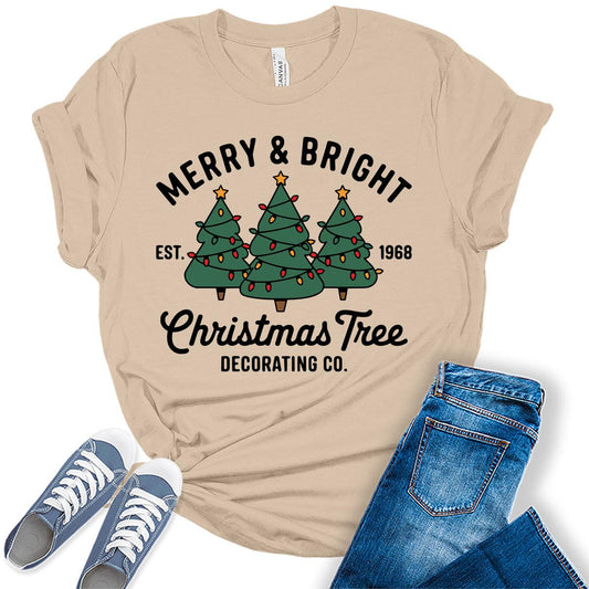 Women's Merry and Bright Christmas Tree Graphic Tees