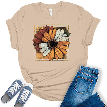 Women's Vintage Sunflower Shirt Fall Graphic Tees Funny Cute Short Sleeve Floral Tops