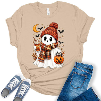 Women's Halloween Shirt Ghost Graphic Tees Short Sleeve Bella Fall Tops