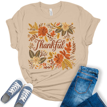 Thankful Floral Fall Graphic Tees for Women