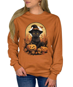 Cute Black Cat Floral Halloween Pumpkins Fall Long Sleeve T-Shirt