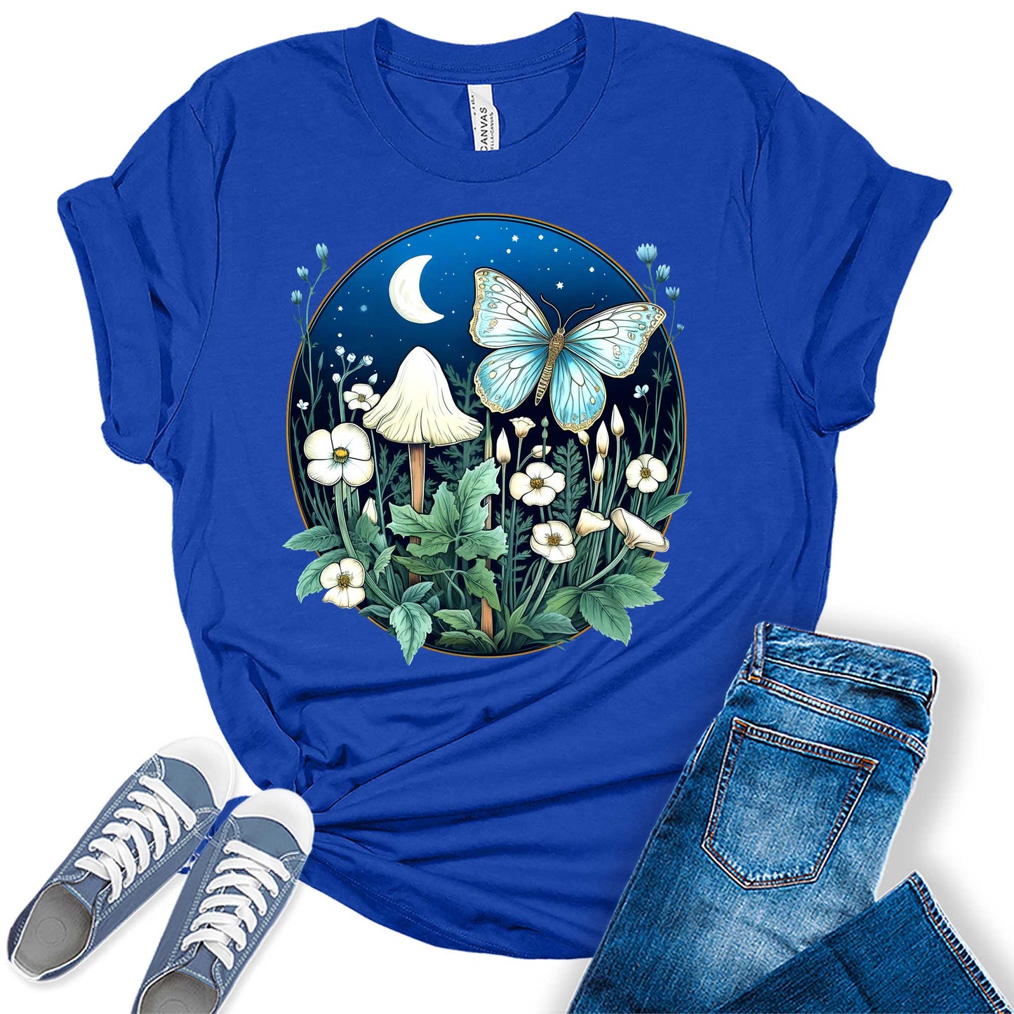 Trendy Butterfly Mushroom Moon Flowers Graphic Tees For Women