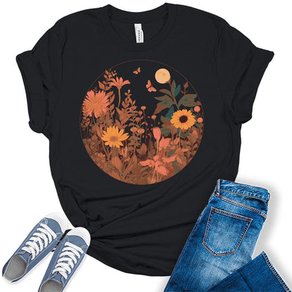 Womens Floral Shirts Trendy Wildflower Vintage Graphic Tees Casual Cottagecore Short Sleeve T Shirts