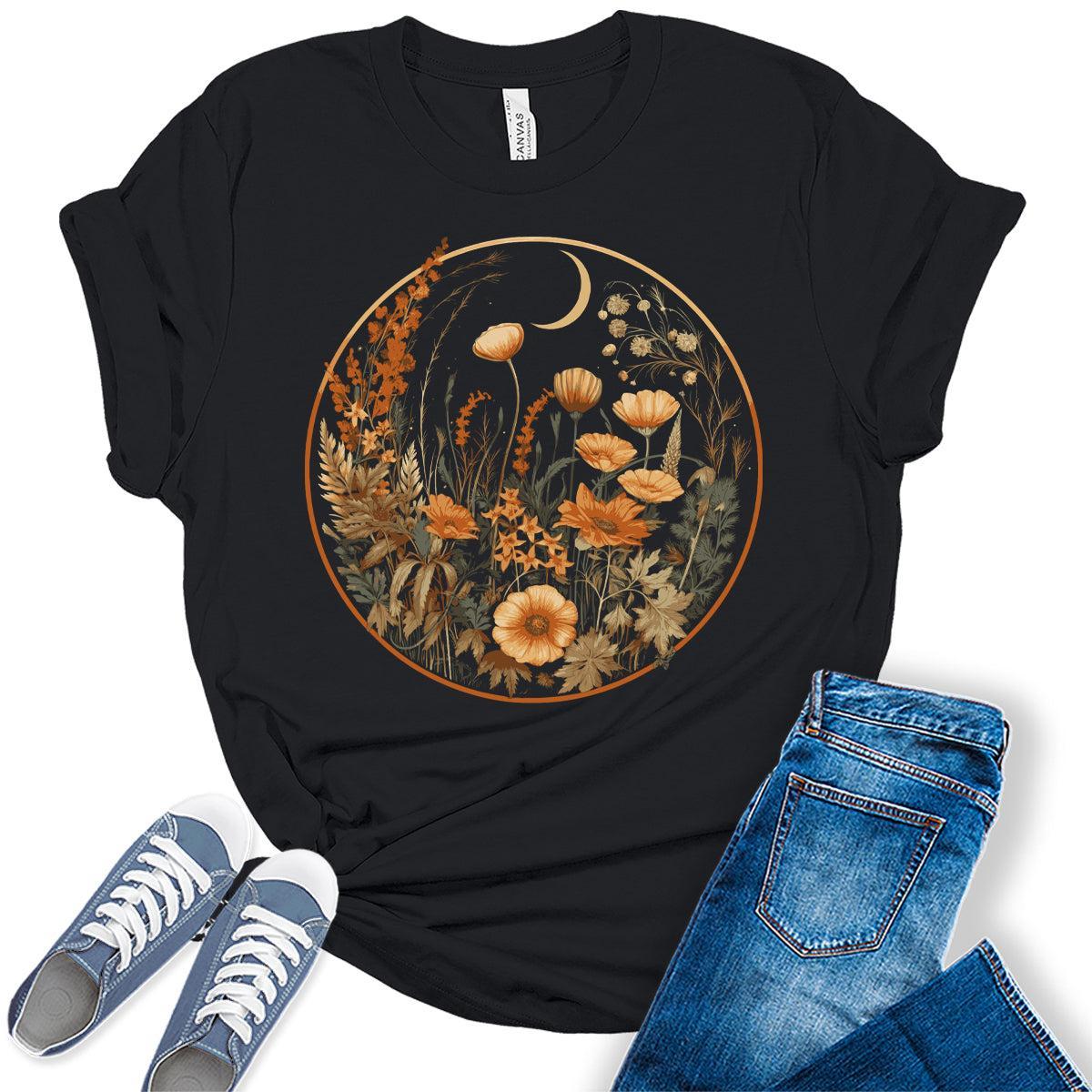 Floral Shirts Womens Graphic Tees Vintage Wildflower Moon Spring Cottagecore T Shirts Bella Summer Tops