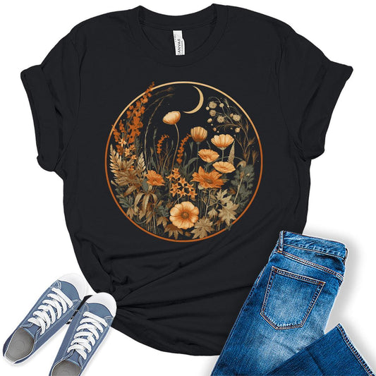 Floral Shirts Womens Graphic Tees Vintage Wildflower Moon Spring Cottagecore T Shirts Bella Summer Tops