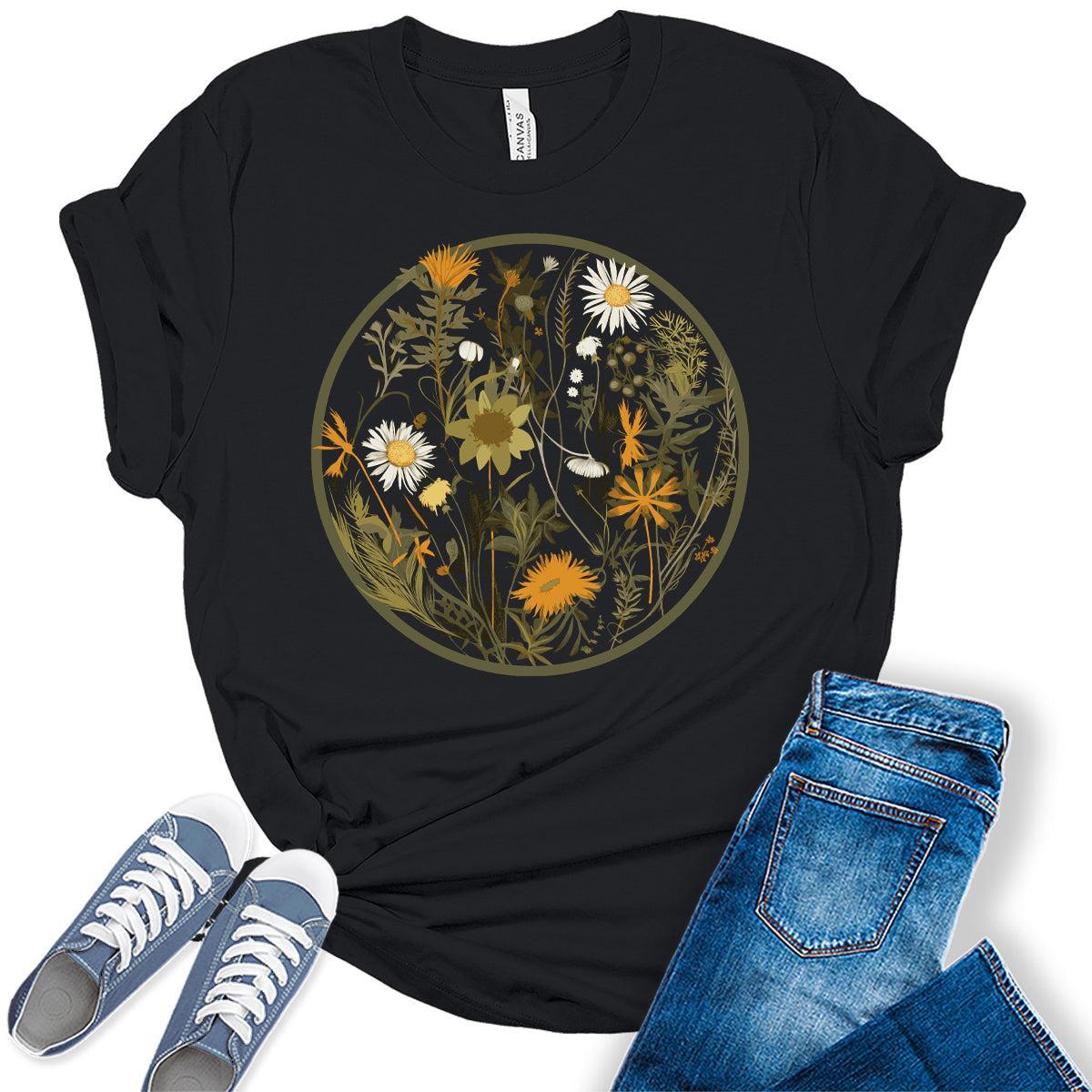 Women's Floral Shirts Wildflower Vintage Flower Graphic Tees Spring Cottagecore T Shirts Bella Summer Tops