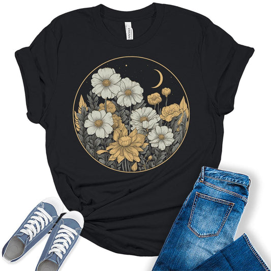 Floral Shirts Womens Graphic Tees Wildflower Vintage Moon Spring Cottagecore T Shirts Bella Summer Tops