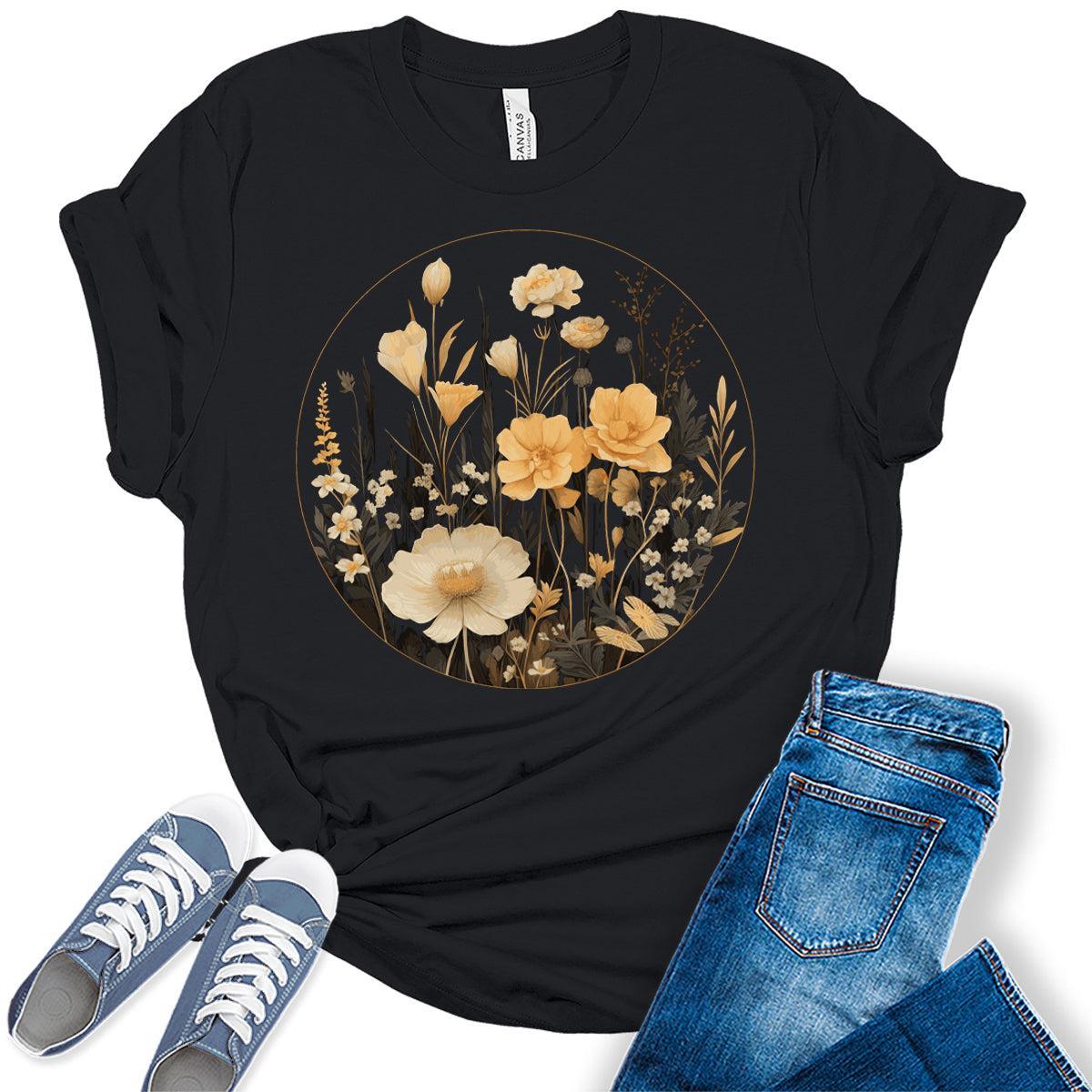 Floral Shirts Womens Graphic Tees Vintage Wildflower Spring Cottagecore T Shirts Bella Summer Tops