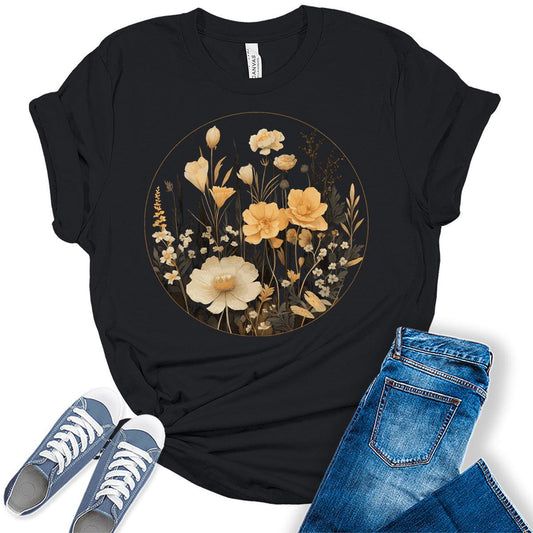 Floral Shirts Womens Graphic Tees Vintage Wildflower Spring Cottagecore T Shirts Bella Summer Tops