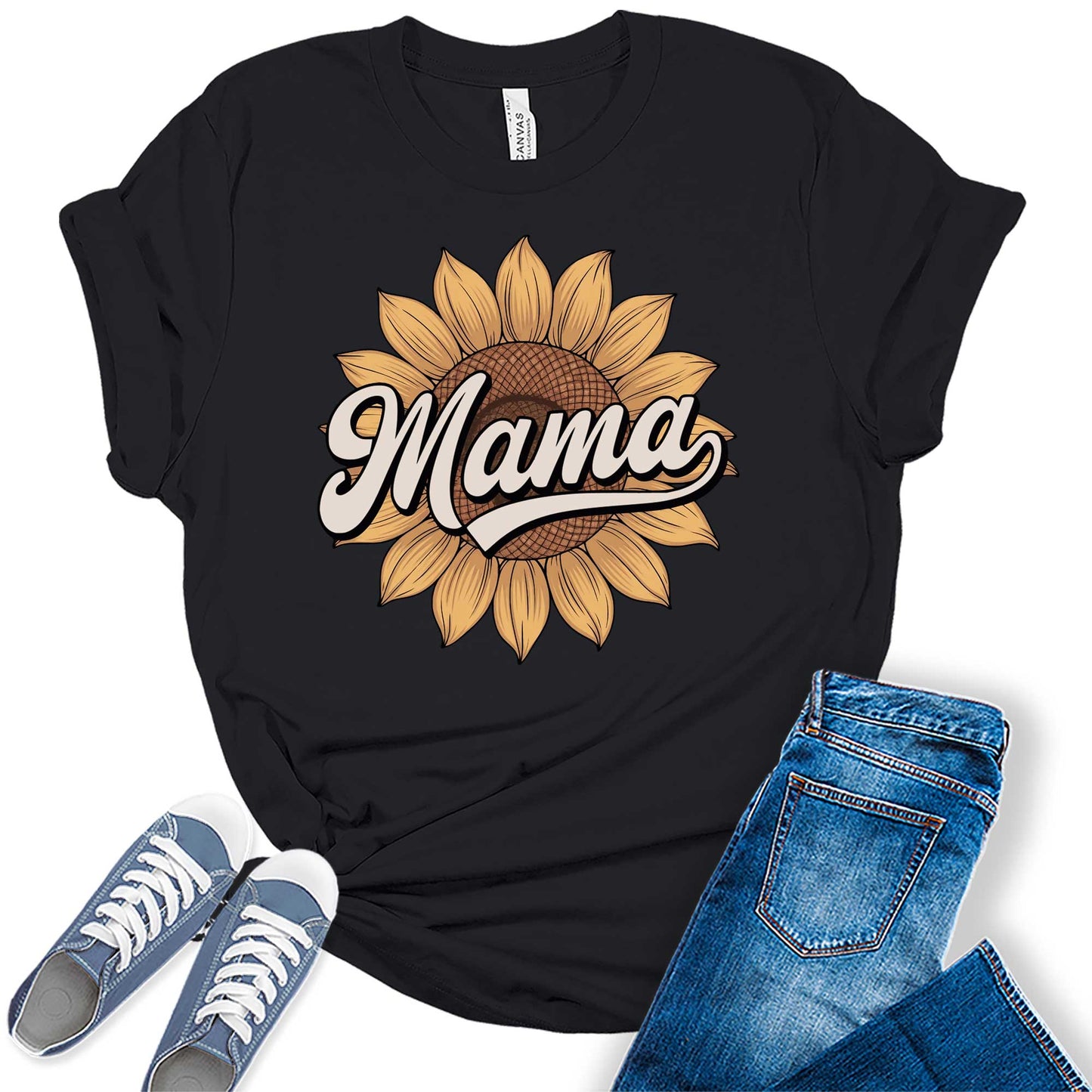 Women's Retro Mama Sunflower Floral Summer Vintage Casual Graphic Tees Bella Plus Sized Tops