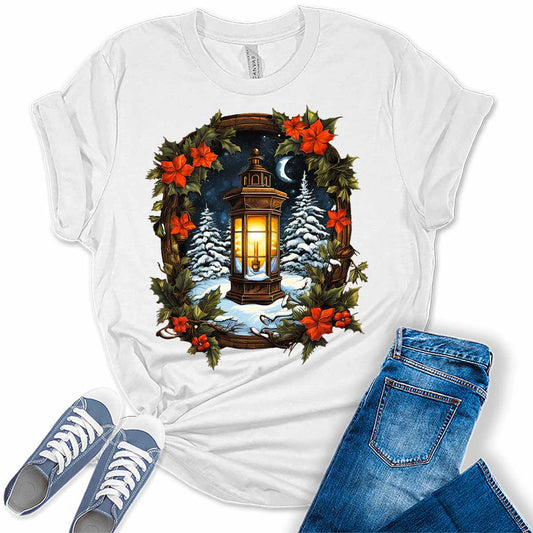 Winter Floral Christmas Lantern Shirt For Women