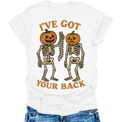I've Got Your Back T- Shirt Halloween Skeleton Pumpkin Shirts Womens Fall Cute Graphic Tees