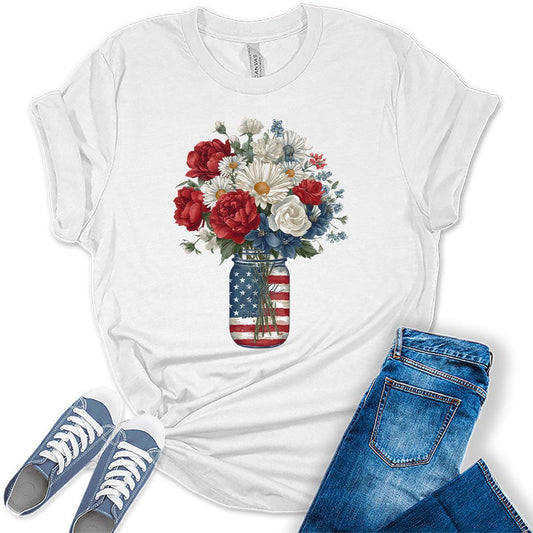 4th of July Shirts For Women Patriotic Graphic Tees Floral Mason Jar Bella Plus Sized Tops