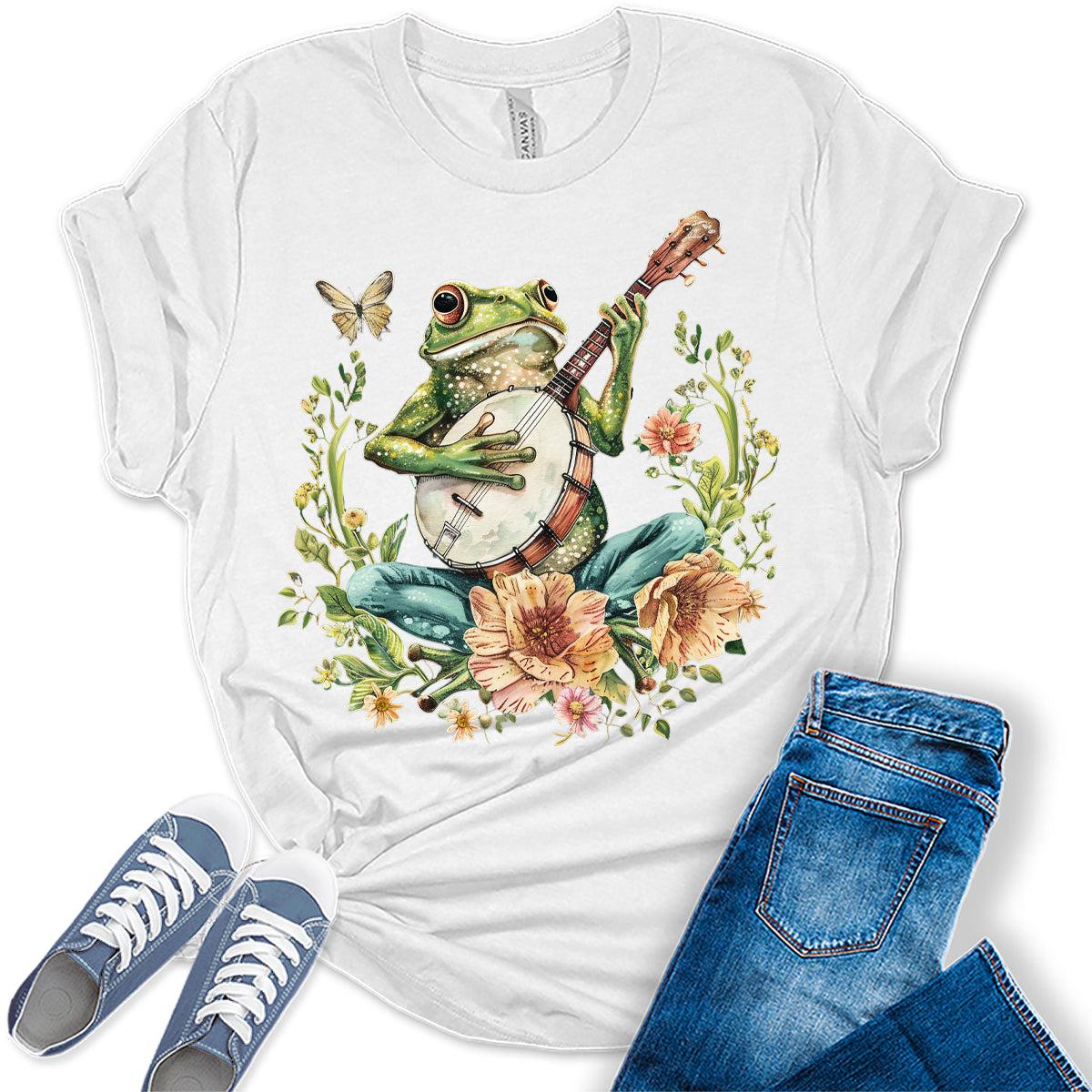 Cottagecore Aesthetic Frog With Banjo Womens Graphic Tees