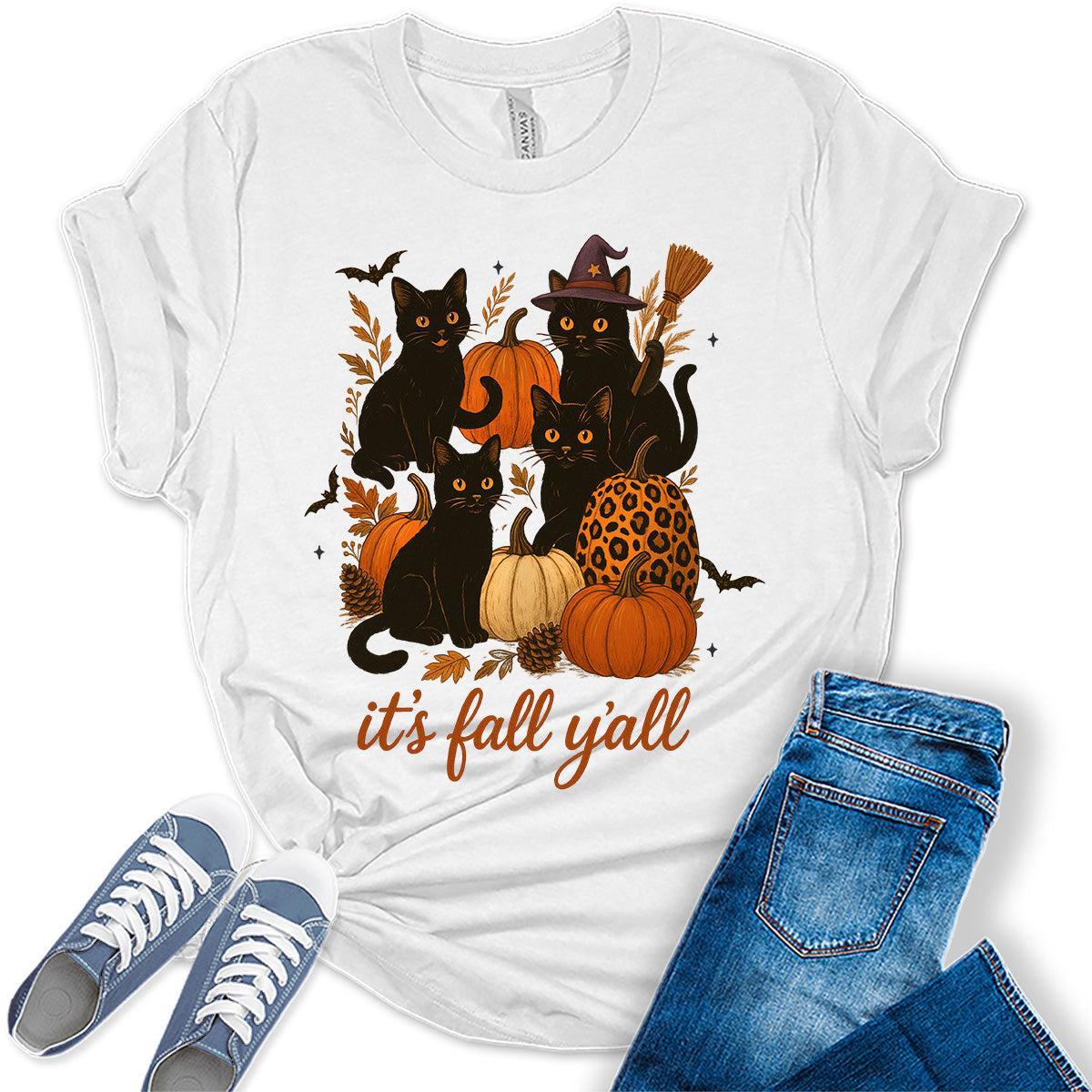 It's Fall Y'all T-Shirt Vintage Cat Shirt for Women Pumpkin Boho Tops Halloween Graphic Tee