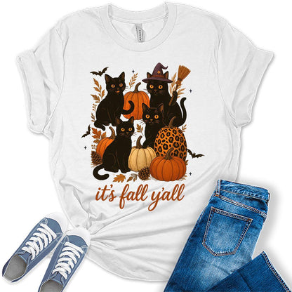 It's Fall Y'all T-Shirt Vintage Cat Shirt for Women Pumpkin Boho Tops Halloween Graphic Tee
