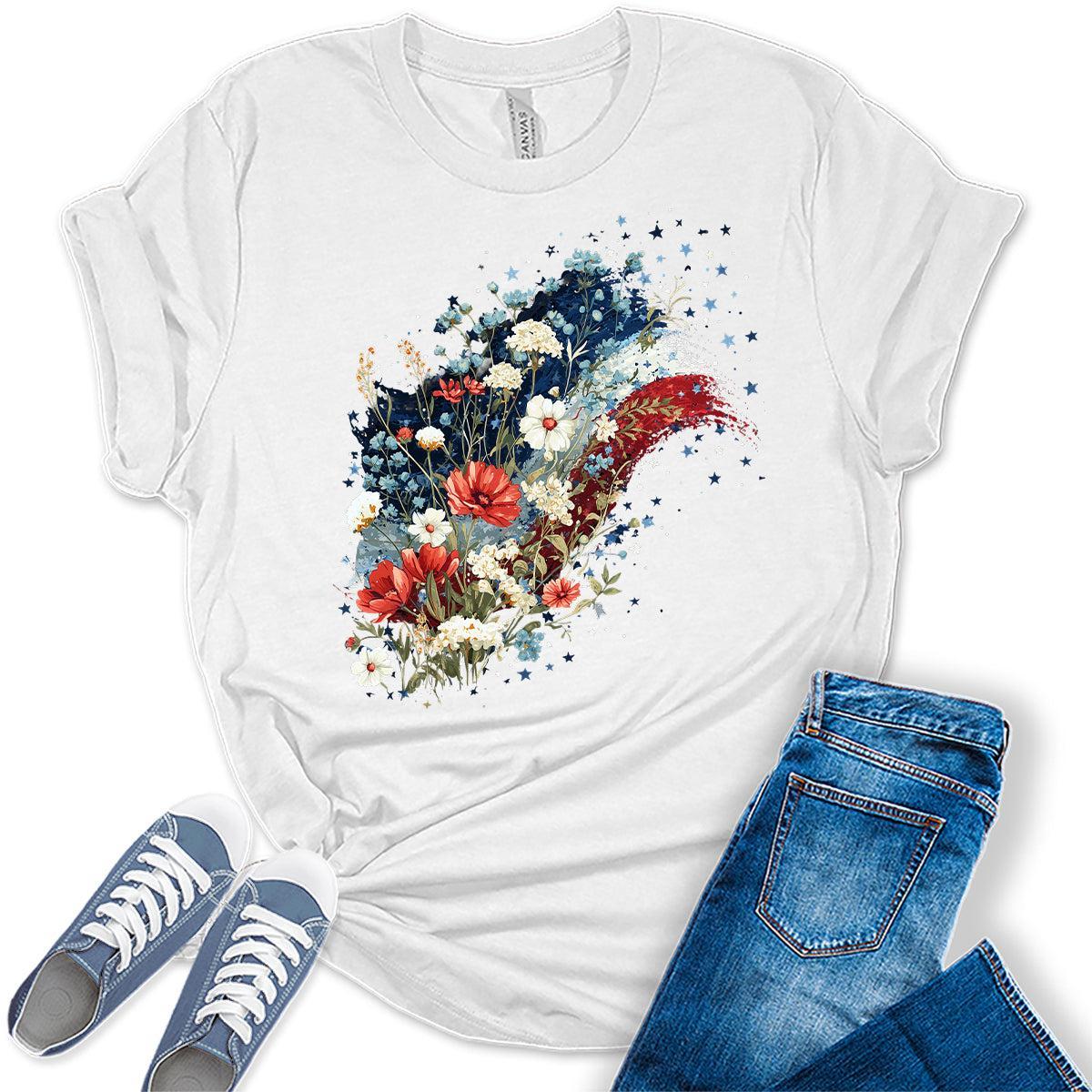 4th of July Shirts For Women Patriotic Graphic Tees Floral Flag Bella Plus Sized Tops