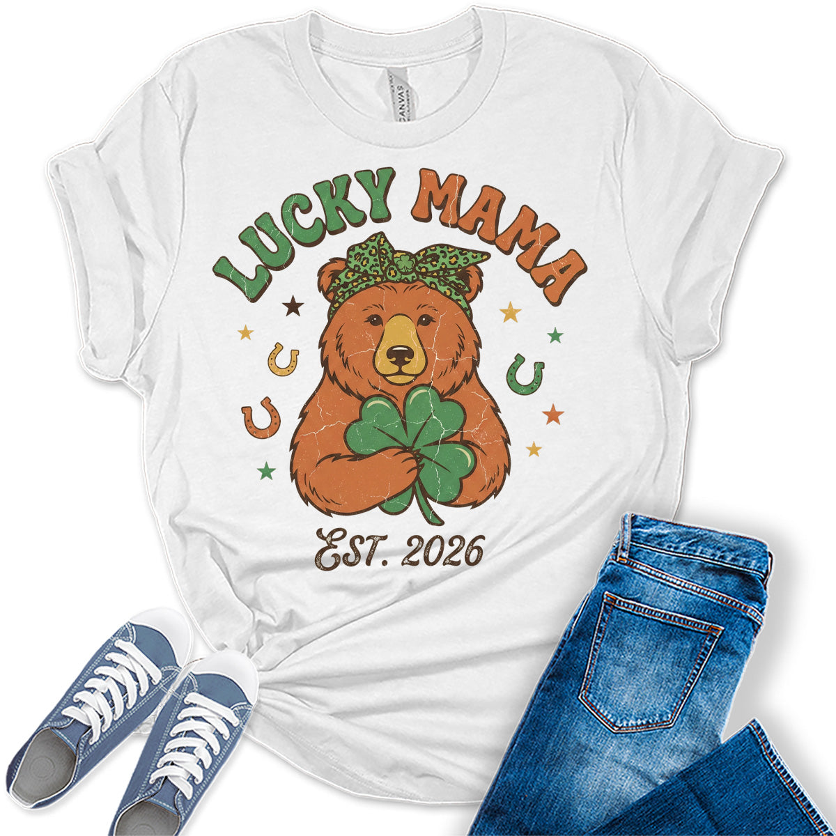 Women's St. Patrick's Day Shirts Cute Lucky Mama Est 2026 Graphic Tees Bella Plus Sized Tops