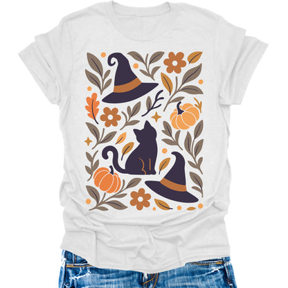 Halloween Cat Shirts Vintage Boho Womens Fall T-Shirts Cute Pumpkin Graphic Tees Thanksgiving Tops