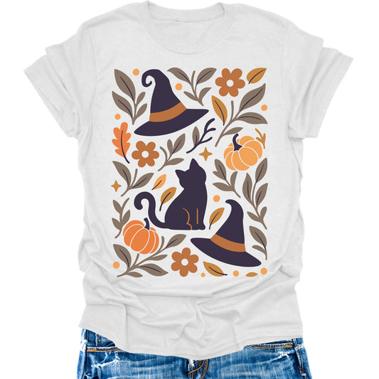 Halloween Cat Shirts Vintage Boho Womens Fall T-Shirts Cute Pumpkin Graphic Tees Thanksgiving Tops