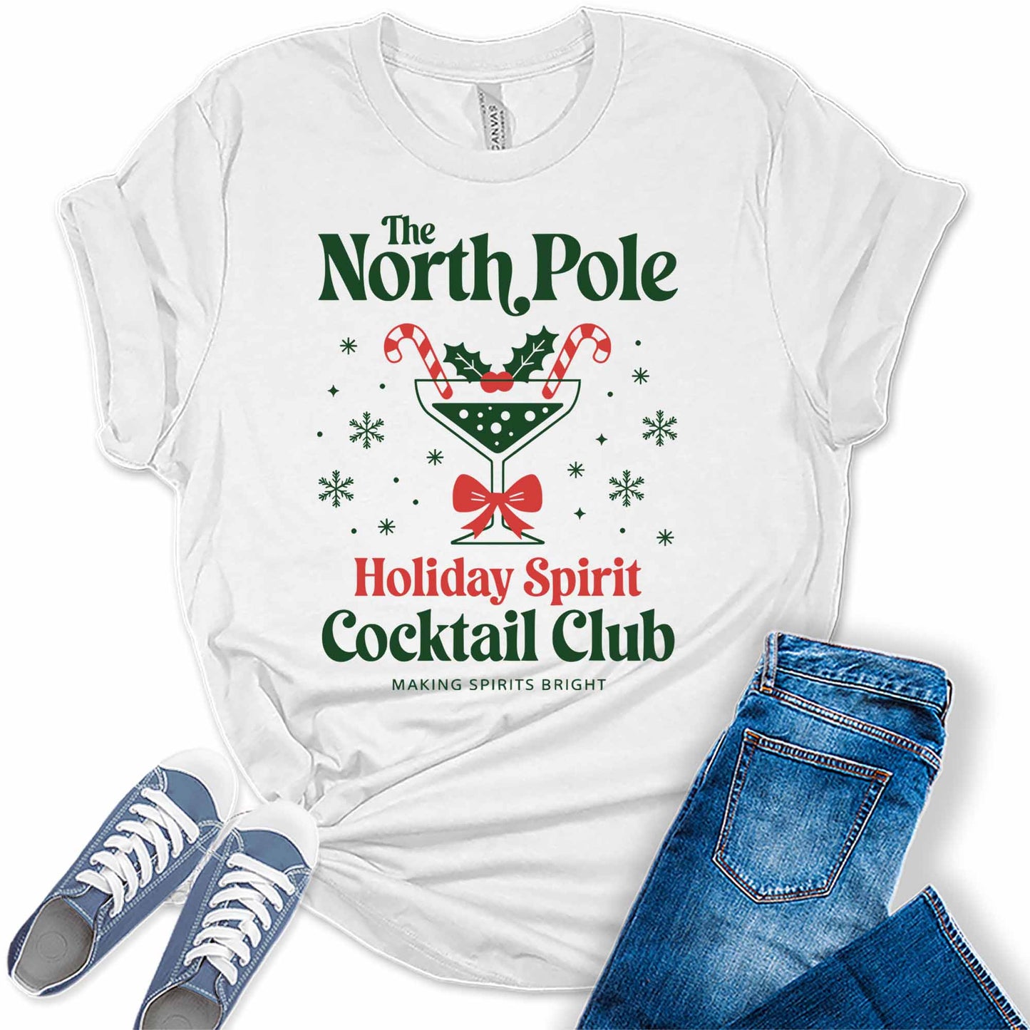 Women's North Pole Holiday Spirit Cocktail Club Christmas Graphic Tees