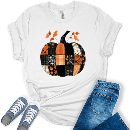 Women's Buffalo Plaid Patched Pumpkin Fall Graphic Tees