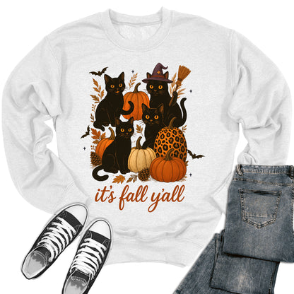 Women's It's Fall Y'all Pumpkin Cat Crewneck Sweatshirt