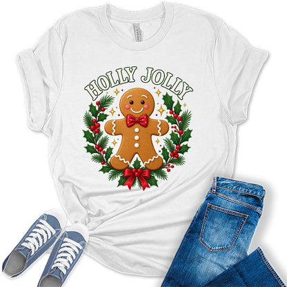 GyftWear Holly Jolly Gingerbread Man Christmas Women's Graphic Tee Shirt