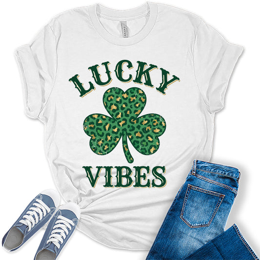 Women's St. Patrick's Day Shirts Cute Lucky Vibes Clover Graphic Tees Bella Plus Sized Tops