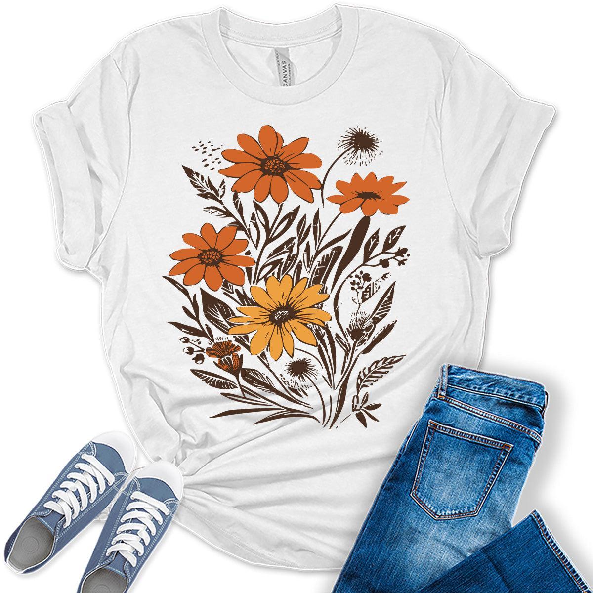 Vintage Flowers T-Shirt for Women Boho Tops Floral Graphic Tee Casual Cottagecore Fall Shirt